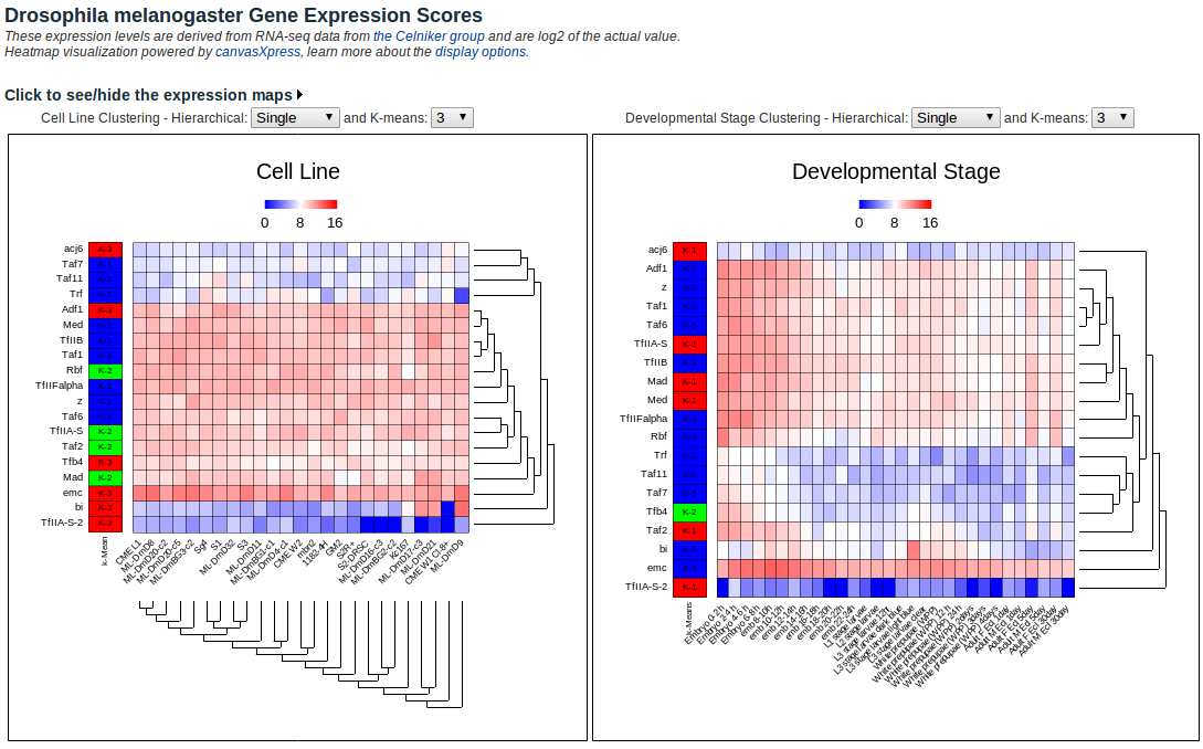 Heatmap of fly gene expression in modMine, this makes use of [canvasXpress](http://www.canvasxpress.org/) JavaScript library.