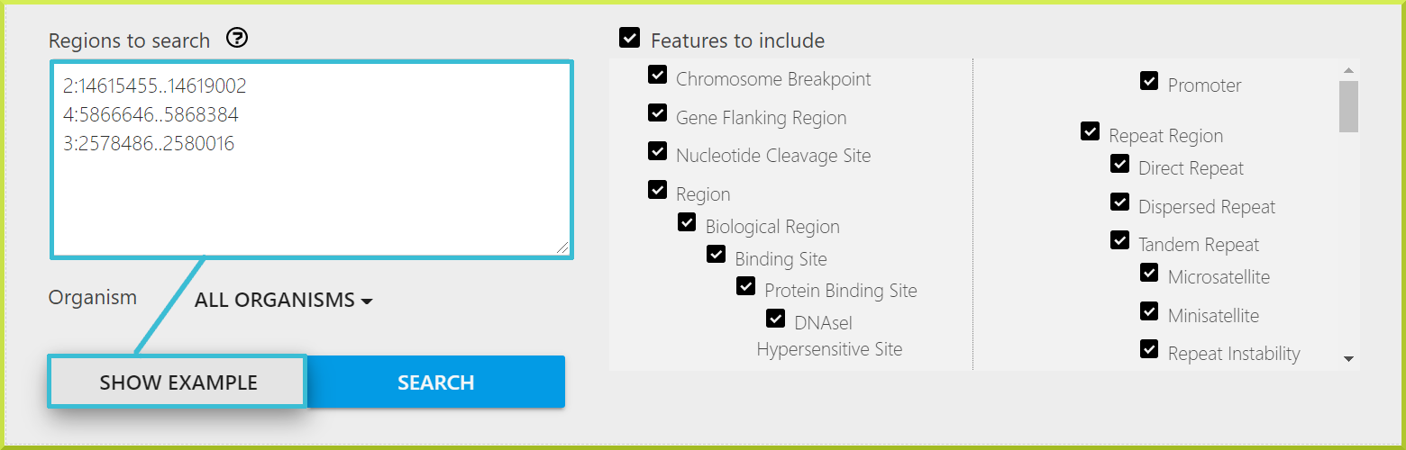 Running a regions search with sample coordinates