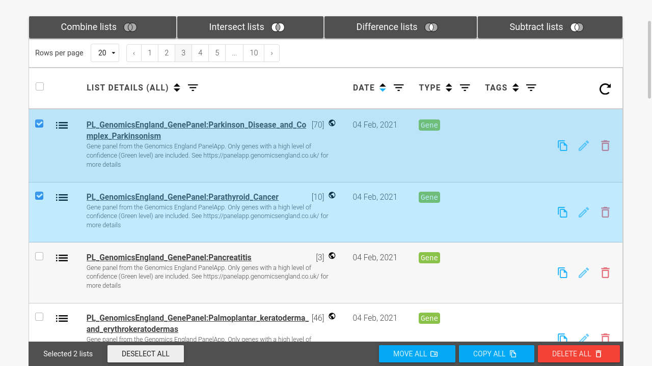 Create lists of genes, SNPs, publications, etc.